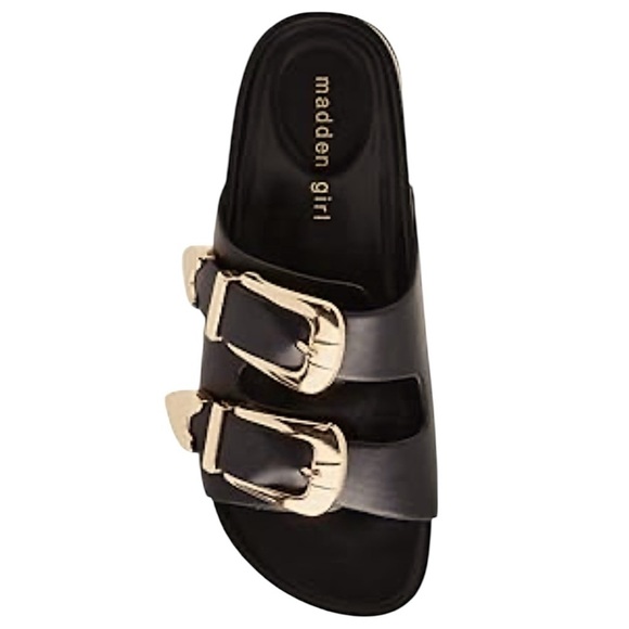 MADDEN GIRL Bandero Slip On Black Sandals With Stylish Heart-Shaped Gold Buckles - Picture 3 of 12